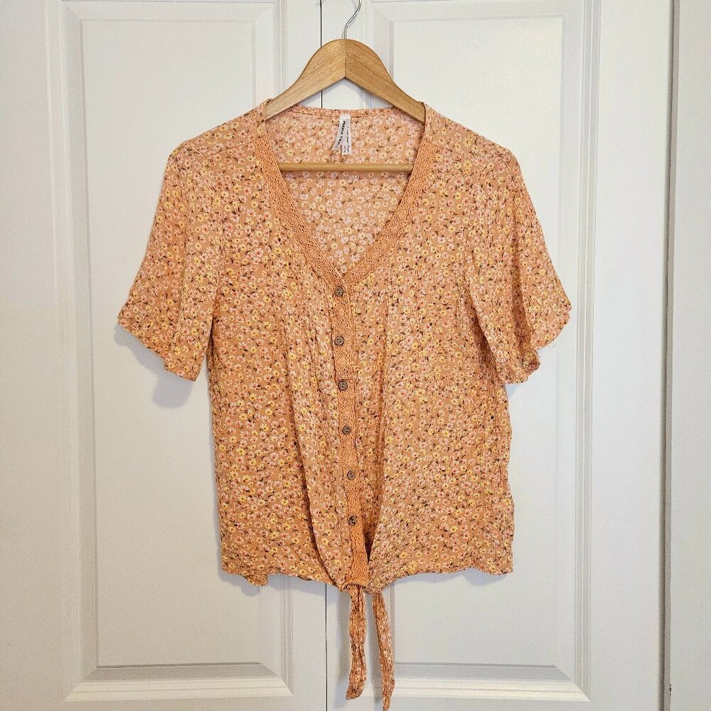 French Twist Short Sleeved Floral Boho Summer Blouse sz L